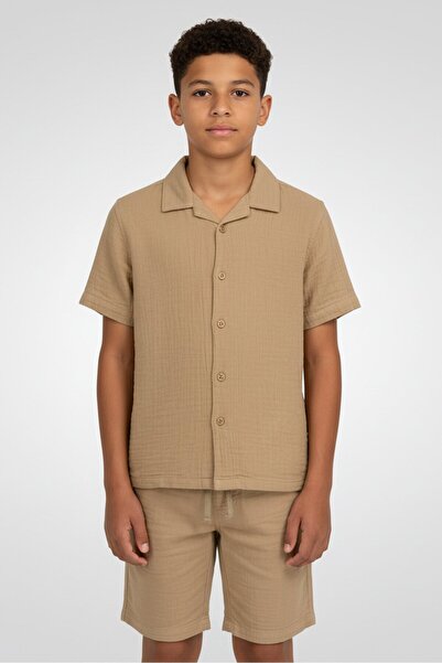 Aeropostale Kids Boy 2 Pieces Plain Casual Shirt And Shorts Set, Dark Beige