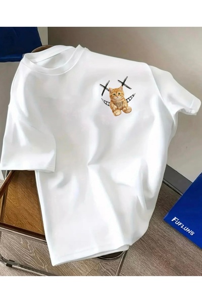 FUFLUNS تي شيرت CARPI بطبعة وجه قطة مبتسمة للجنسين للنساء/الرجال ذو رقبة دائر...