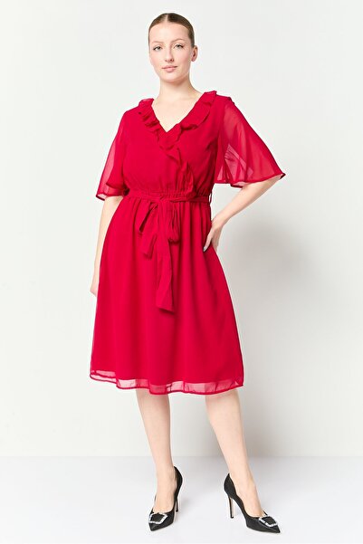 freesoul Women Plain Midi Dress, Dark Red