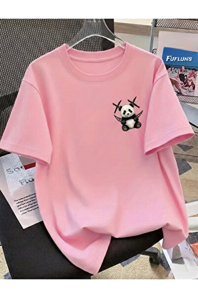 FUFLUNS Smiling Face Panda Printed Unisex Women/Men Oversize Crewneck T-Shirt