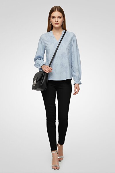 JASON WU Women Split Neck Long Sleeve Embroidered Blouse, Light Blue
