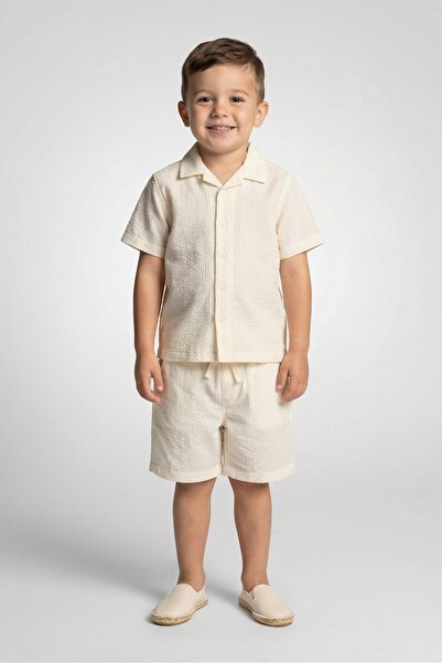 Aeropostale Toddlers Boy 2 Pcs Textured Casual Shirt And Shorts Set, Cream