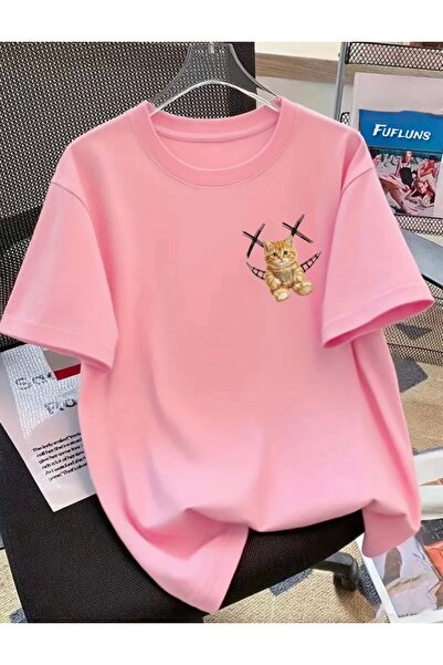 FUFLUNS تي شيرت CARPI بطبعة وجه قطة مبتسمة للجنسين للنساء/الرجال ذو رقبة دائر...