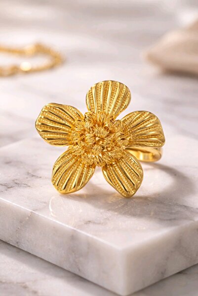 mosmoda Çelik Gold Büyük Çiçek Yüzük, Ayarlanabilir