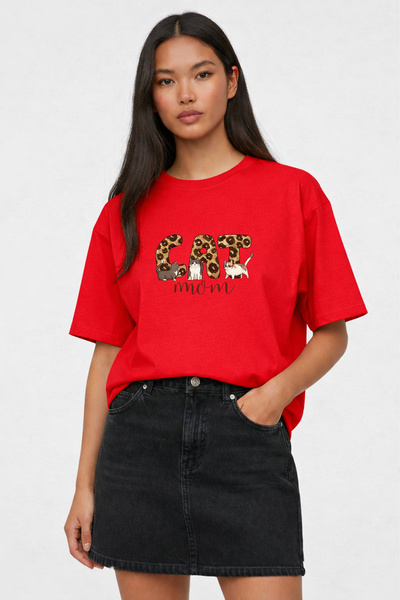 VODEXA Tricou oversize CAT MOMM cu imprimeu, 100% bumbac, croială confortabilă