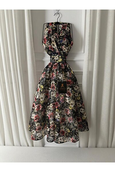 ADORA Black floral midi evening dress (please choose your size carefully to a...