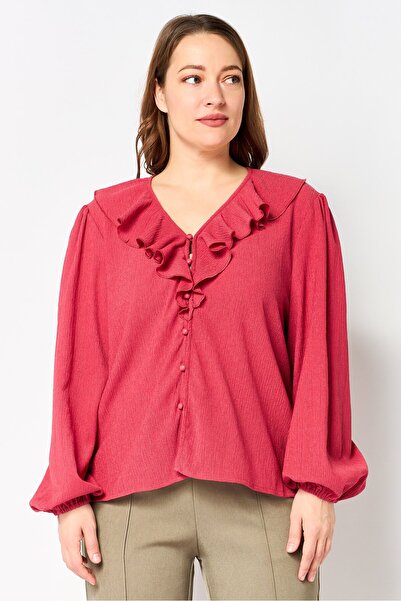 London Fog Women V-Neck Textured Long Sleeve Blouse, Dark Pink