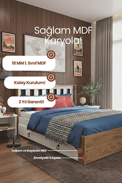 RENAZZO Stark 2 Çekmeceli Modern Karyola - 1. Sınıf 18 mm MDF ve Tekerlekli D...