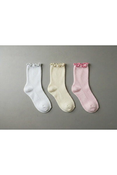 DRAV 3'lü Beyaz, Krem ve Pembe Renk, Fırfır Detayı Simli Kız Çocuk Çorabı - (...