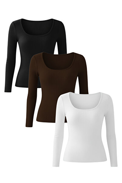 NERTH STYLE U Neck Long Sleeve Corded Fabric Crop Blouse Set of 3