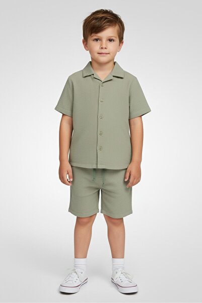 Aeropostale Toddlers Boy 2Pcs Textured Casual Shirt And Shorts Set, Green