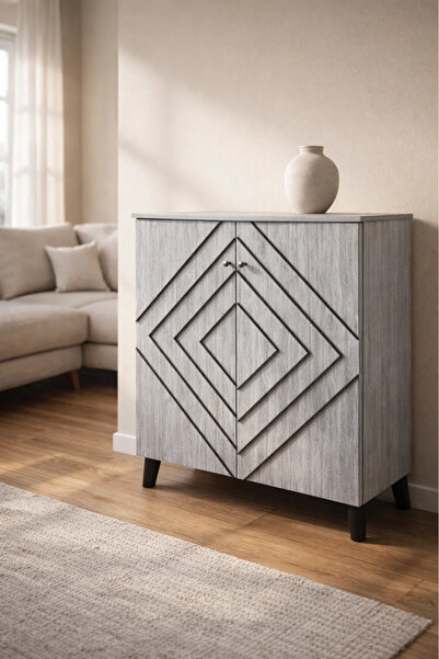 MARIA HOMES Modern Grey Geometric Storage Cabinet with Doors & Elevated Legs