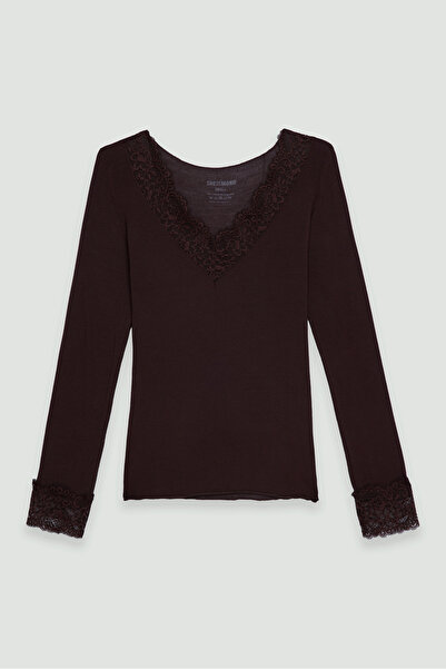 SHEISMONO Ультралегка прозора блузка з мереживом і V-подібним вирізом, коричнева