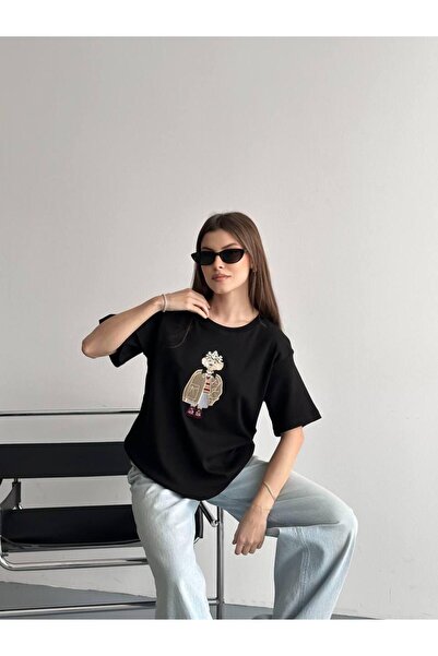 mylunessa Μαύρο T-Shirt με κεντημένα στρας σε σχέδιο σκύλου για τη νέα σεζόν