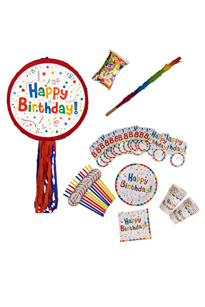 PinaStar Happy Birthday pinata with accessories, 12 plates, 12 glasses, 12 na...