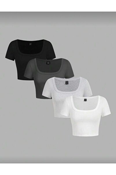 MİLYA&GYM Kadın 4'lü Paket Fitilli Kaşkorse Pamuklu Vücuda Yapışan KARE YAKA ...