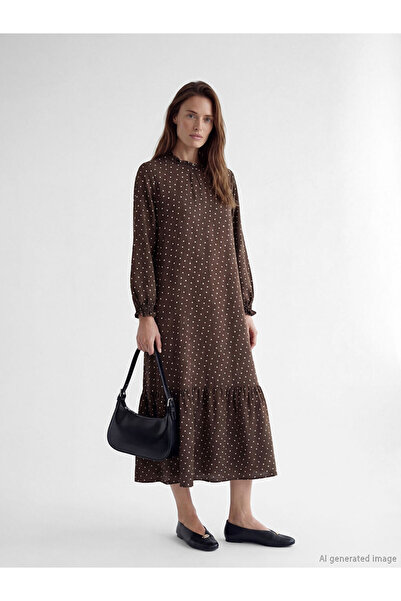 LC Waikiki Brown Hakim Collar Polka Dot A-Line Dress