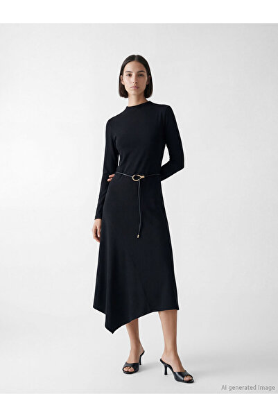 LC Waikiki LCW Vision Μαύρο Φόρεμα σε γραμμή Α με ζώνη στη μέση