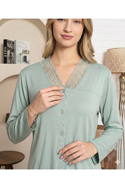 MORRO Lace Detailed Viscose Button Pajama Set