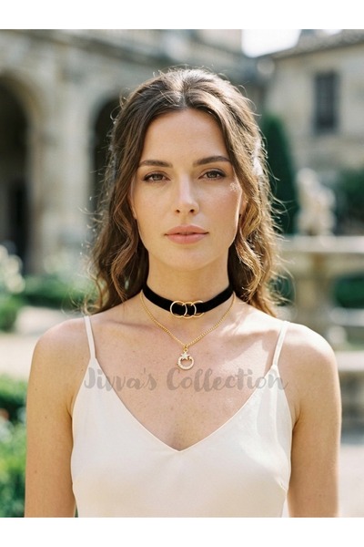 Jivva's Collection قلادة تشوكر سوداء اللون ذهبية اللون مخمل مع تفاصيل حلقة سل...