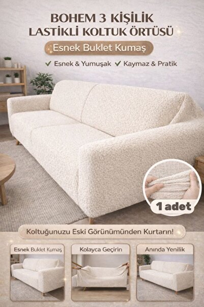 zerif home Bohem 3'lü Koltuk Örtüsü Esnek Lastikli Kaymaz Çekyat Kılıfı Tam O...