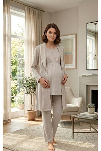 LOHOUSE Women's Beige Shawl Collar Maternity Pajama Set with Dressing Gown