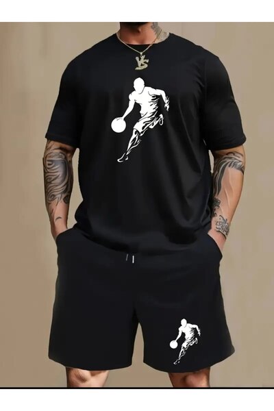 ELAN WEAR Black Printed Women'S/Men's Unisex T-Shirt Shorts 2-Piece Set Overs...