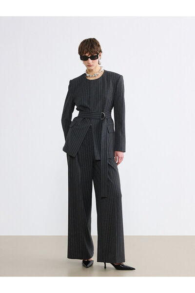 LC Waikiki Soulife Gray Loose Fit Striped Women's Pleated Fabric Trousers