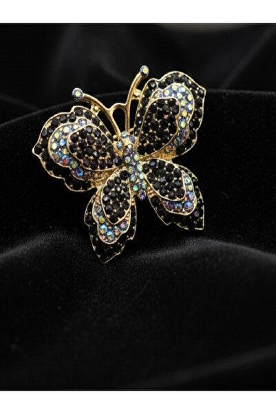 BEKLEMİN TAKILARI Çelik Siyah Zirkon Taşlı Antik Altın Kaplama Kelebek Broş &...