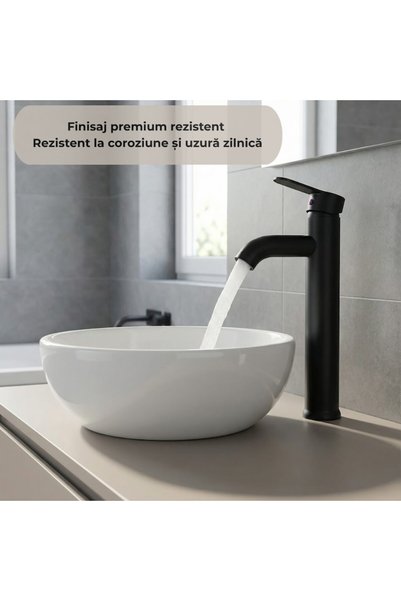 TrioStore Set Baterie Chiuveta Baie Inalta Rotunda 30 Cm Negru Premium și Racorduri Incluse + Burete