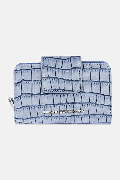 French Connection Women Emmy Brand Logo Croco Fold Zipper Wallet, Slate Blue