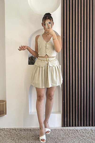 Tmptekstil Donatello Striped Gold Button Detailed Set of Vest Set - Mink Vizon