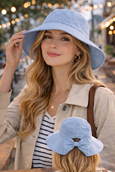 Wearflawless Γυναικείο καπέλο παραλίας Λινό Bucket Bowknot Summer Blue, ρυθμι...