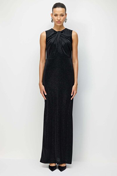 Ekol Büzgü Detaylı Sırt Dekolteli Simli Elbise