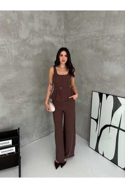 Kadın Bürümcük Kumaş Peplum Bluz ve Geniş Paça Pantolon Takım
