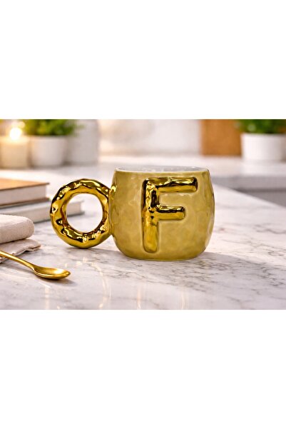 Gelincik Harfli Kupa F Harfi Seramik Desenli Altın Renkli Kahve Çay Çorba Bar...