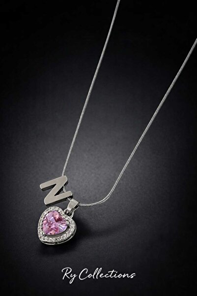 rycollections Gümüş Mor Zirkon Taşlı Model N Harfli Kalpli Kolye