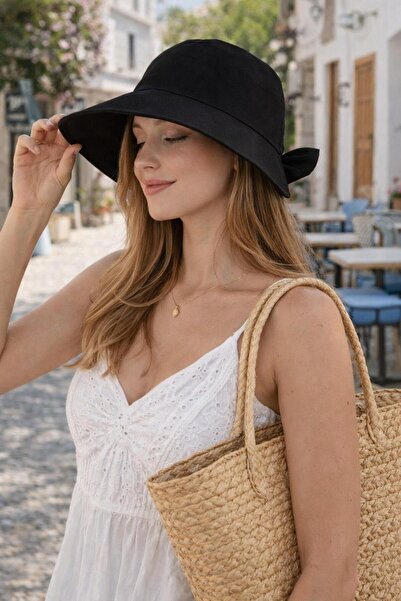 Wearflawless Ženski šešir sa širokim obodom Lan sa mašnom, crni letnji šešir ...