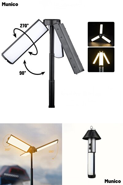 Munico Teleskopik Şarj Edilebilir Çadır Kamp Işığı 270° Ayarlanabilir Kanatlı...