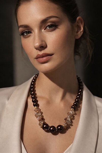 Solare Accessories Dumanlı Kuvars Doğal Taş Detaylı Kahverengi Cam İnci Kolye