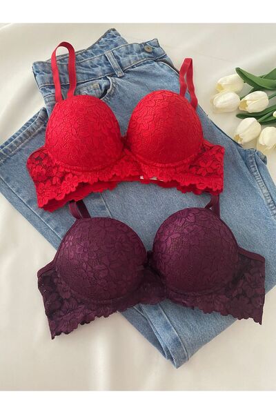 Gold Night Women's Lace Pack Supported Wired Push up Padded Soft Bra Double Pack