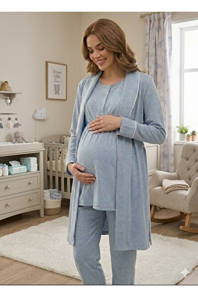 LOHOUSE Kadın Mavi Şal Yaka Uzun Sabahlıklı Lohusa Hamile Pijama Takım Seti
