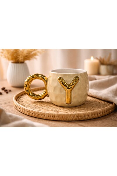 Gelincik Harfli Kupa Y Harfi Seramik Desenli Altın Renkli Kahve Çay Çorba Bar...