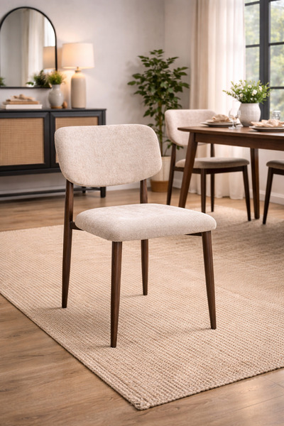 N.zone A luxurious modern chair in beige fabric with dark wood legs – eleganc...