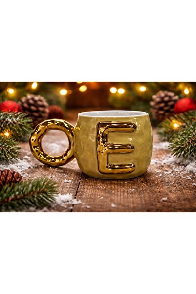 Gelincik Harfli Kupa E Harfi Seramik Desenli Altın Renkli Kahve Çay Çorba Bar...