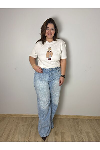 Store Büyükbeden Çiçekli Ful Likralı Kot Pantolon