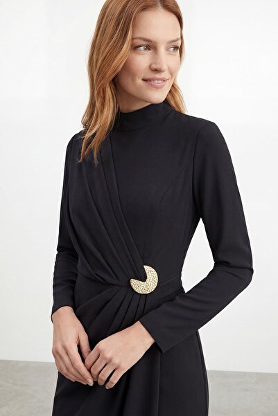 Puane Women's Double-Breasted Look Buckle Detail Long Dress 12678Elb