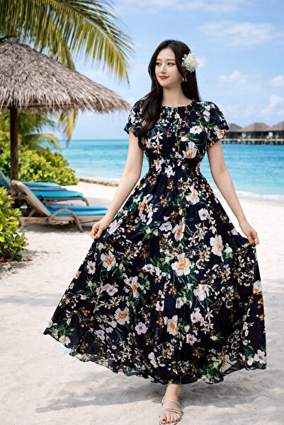 PriStyle Μακρύ καλοκαιρινό φόρεμα, ύφασμα Ρευστή εφαρμογή , κοντά μανίκια, κο...