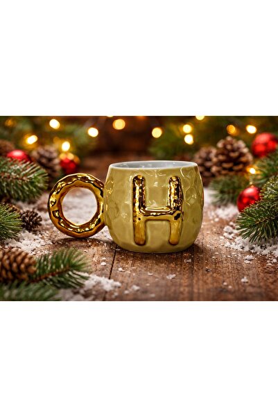 Gelincik Harfli Kupa H Harfi Seramik Desenli Altın Renkli Kahve Çay Çorba Bar...