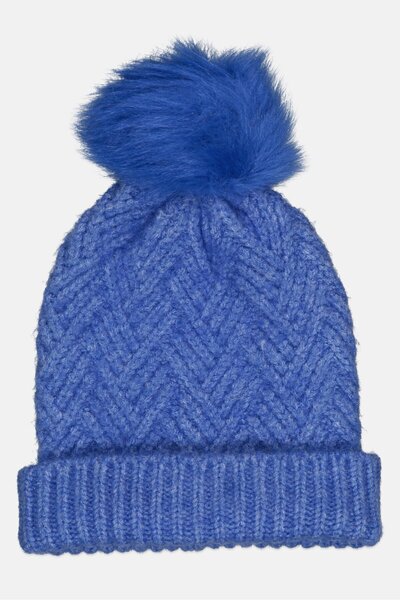 French Connection Women Chevron Bobble Hat, Blue